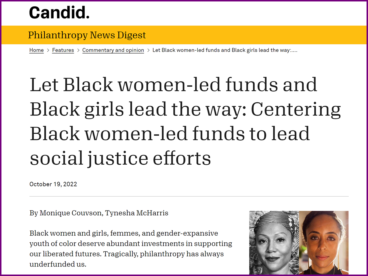 Philanthropy News Digest op-ed: “Let Black women-led funds and Black girls lead the way: Centering Black women-led funds to lead social justice efforts”