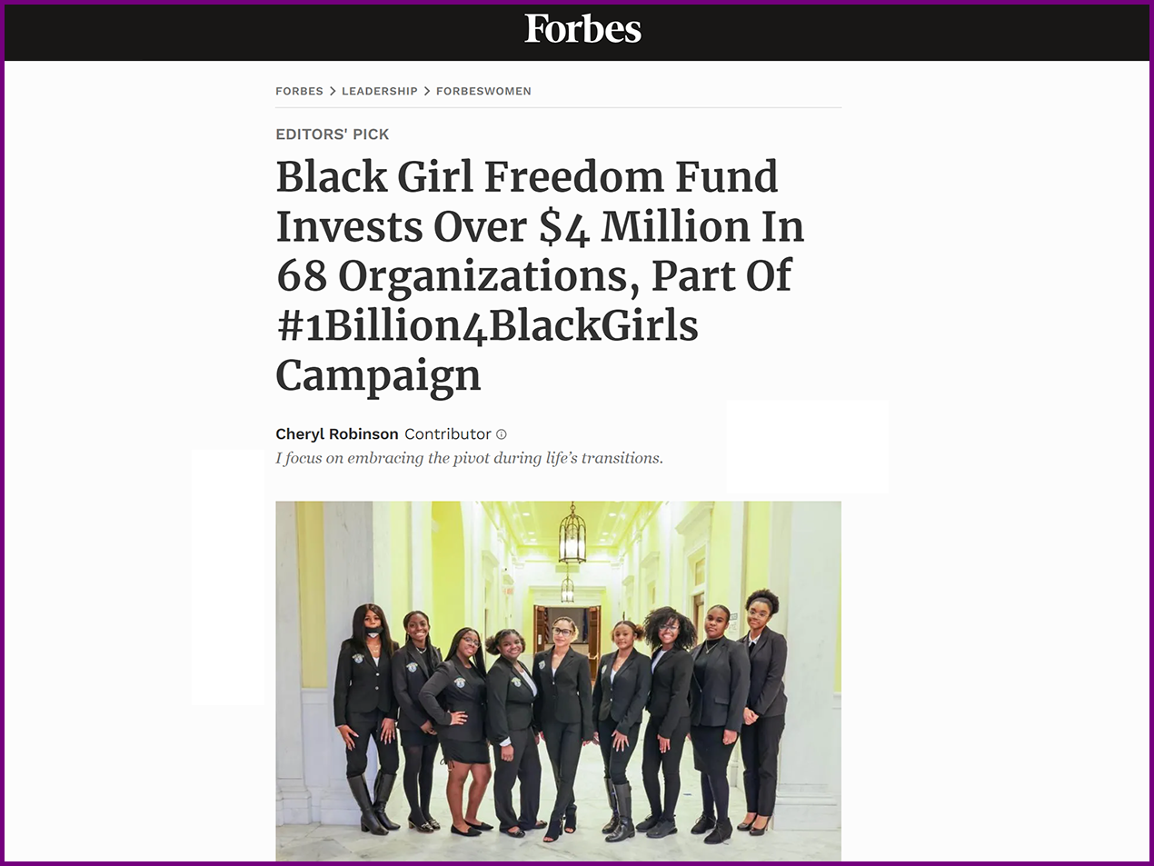 Forbes feature: “Black Girl Freedom Fund Invests Over $4 Million In 68 Organizations, Part Of #1Billion4BlackGirls Campaign”