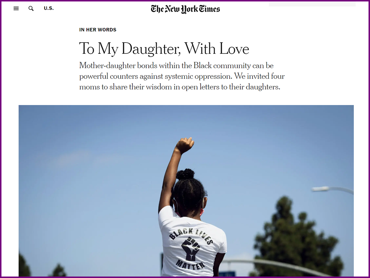 The New York Times feature: “In Her Words: To My Daughter, With Love”